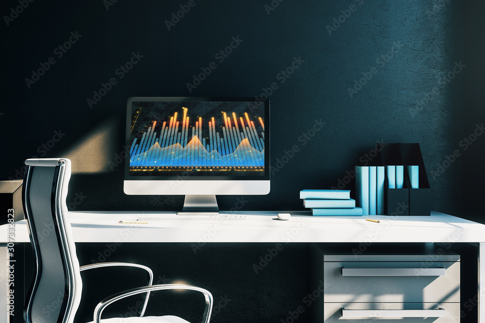 Aufkleber cabinet desktop interior with financial charts and graphs on computer screen. concept of stock marke
