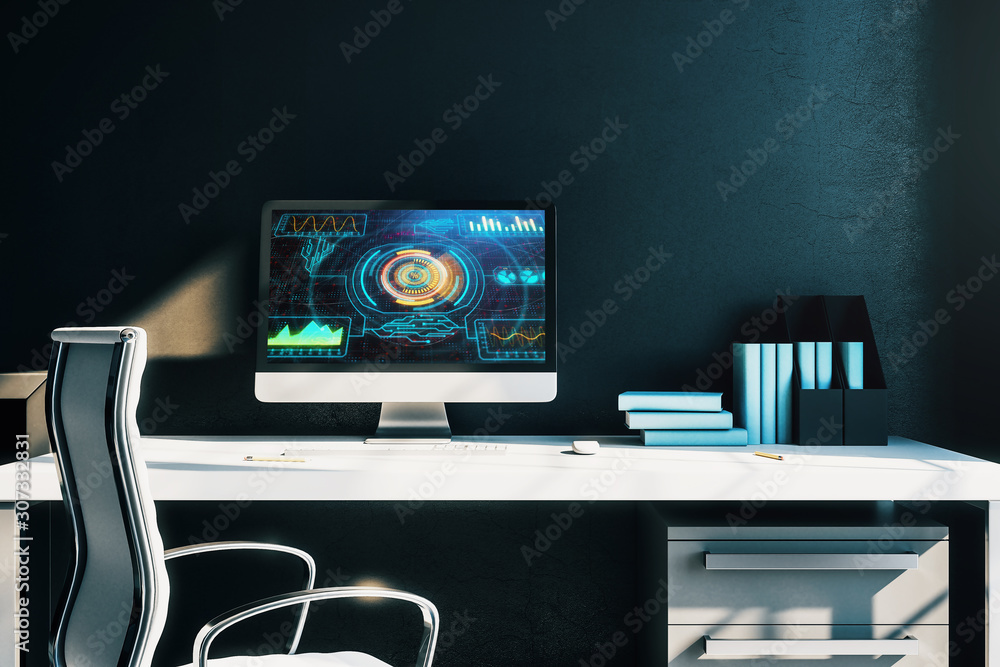 Poster cabinet desktop interior with technology theme drawing on computer screen. concept of hightech. 3d r