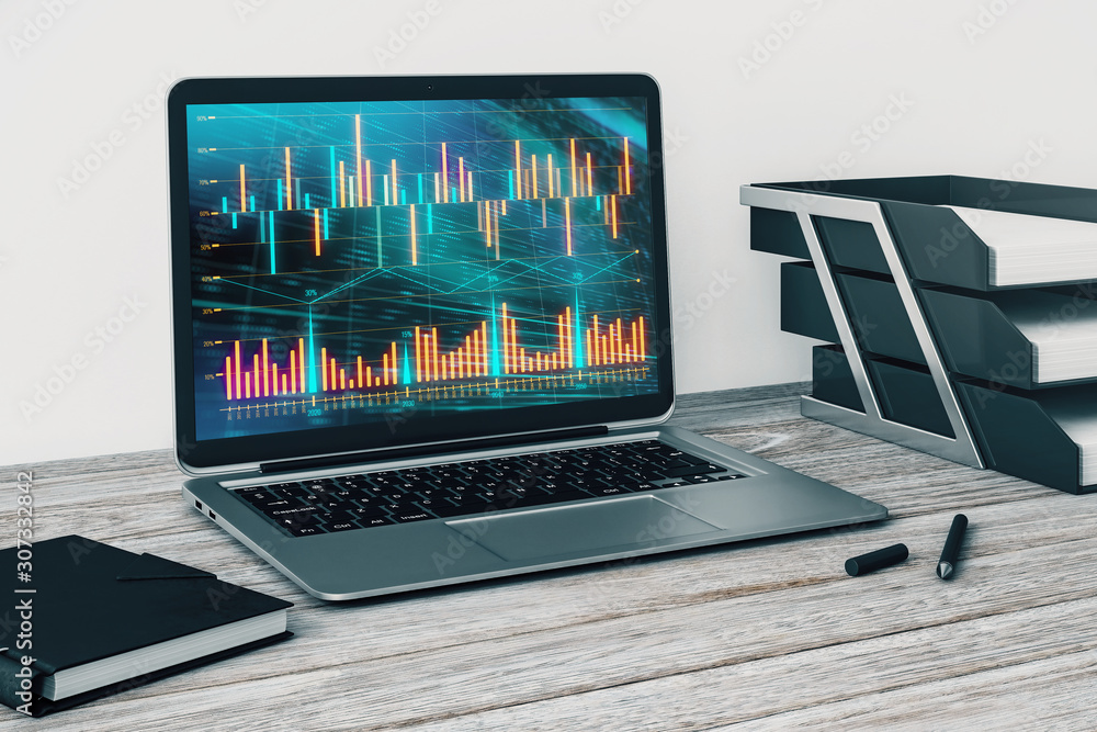 Poster laptop closeup with forex graph on computer screen. financial trading and education concept. 3d rend