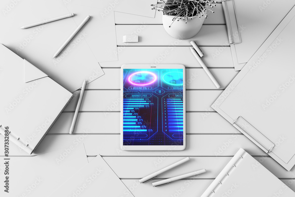 Poster digital tablet closeup with business theme picture on screen. technology innovation concept. 3d rend
