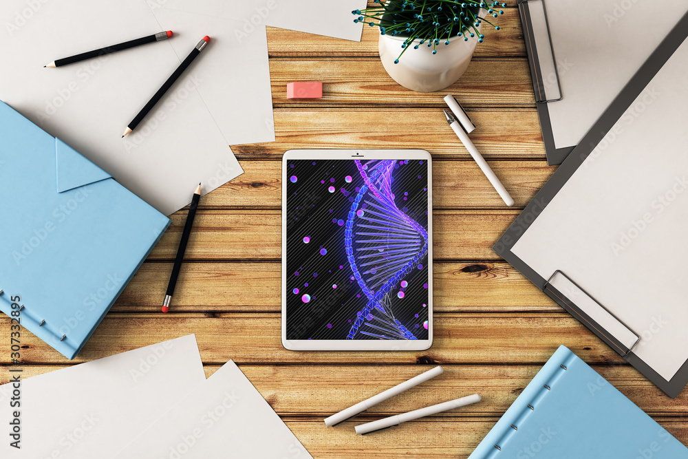 Poster digital tablet closeup top view with dna pic on screen. education concept. 3d rendering.
