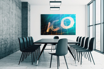 Conference room interior with bitcoin theme screen on the wall. Blockchain concept. 3d rendering.