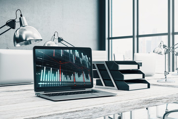 Cabinet desktop interior with financial charts and graphs on computer screen. Concept of stock market analysis and trading. 3d rendering.