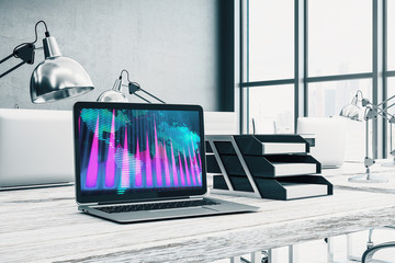 Cabinet desktop interior with financial charts and world map on computer screen. Concept of international market analysis and trading. 3d rendering.