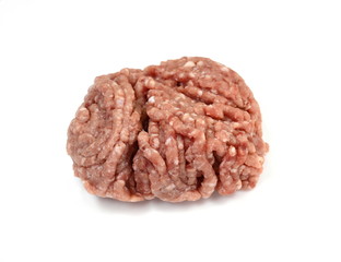 Minced meat, pork, beef, forcemeat, clipping path, isolated on white background. Raw ground beef meat in closeup on white background.