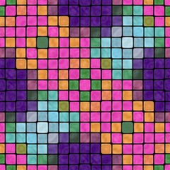 Creative colorful abstract mosaic seamless regular pattern in vivid purple pink orange green blue shades