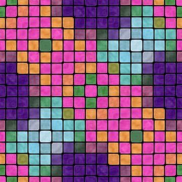 Creative colorful abstract mosaic seamless regular pattern in vivid purple pink orange green blue shades