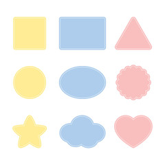 Blank cute colorful frames including square, rectangle, triangle, circle, ellipse, scalloped circle, star, cloud and heart shapes. Flat vector illustration.