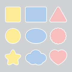Blank cute colorful frames including square, rectangle, triangle, circle, ellipse, scalloped circle, star, cloud and heart shapes. Flat vector illustration.