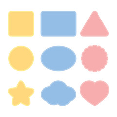 Blank cute colorful frames including square, rectangle, triangle, circle, ellipse, scalloped circle, star, cloud and heart shapes. Flat vector illustration.