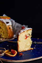 Delicious Easter cake with raisins, berries, candied fruits.