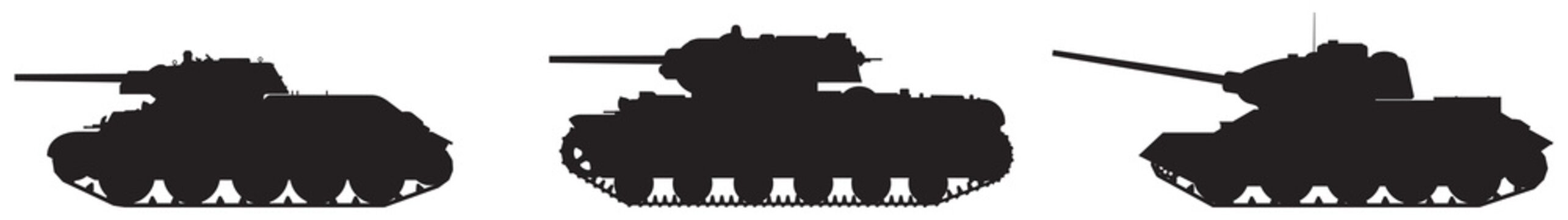 Tank army vector silhouettes, WW2 Soviet Russian T-34 76 medium tank, KV-1 heavy tank and T-34 85 medium tank in Moscow, Leningrad, Stalingrad, Kiev, Odessa, Sevastopol, Kharkov and Kursk battles