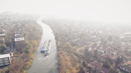 Tanker ship in the river aerial view