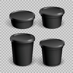 Set of mock up Black cups with plastic cover. Pattern in black and white on a transparent background. Vector illustration