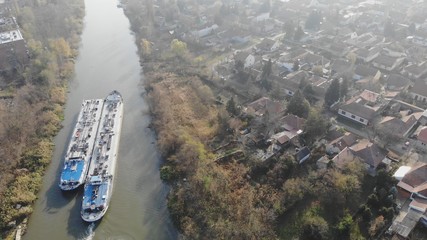 Tanker ship in the river aerial view