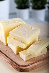 Sliced Tulum Cheese (Turkish: tulum peyniri) is a traditional Turkish goat's milk cheese ripened in a goatskin casing, called tulum in Turkish.