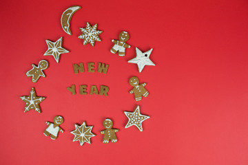 New year design elements on red background. Christmas ginger cookies