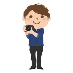 職業のイラスト。男性のカメラマン。笑顔で写真を撮っている男性。