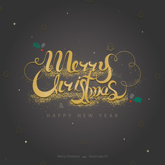 Fototapeta na wymiar Golden glittering Merry Christmas text and happy new year on dark brown background