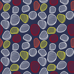 Bright abstract striped figures on a blue background. Doodle vector seamless pattern