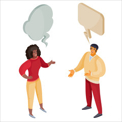3d isometry, man and woman are talking to each other above their head a cloud, dispute, isolated object on a white background, vector illustration