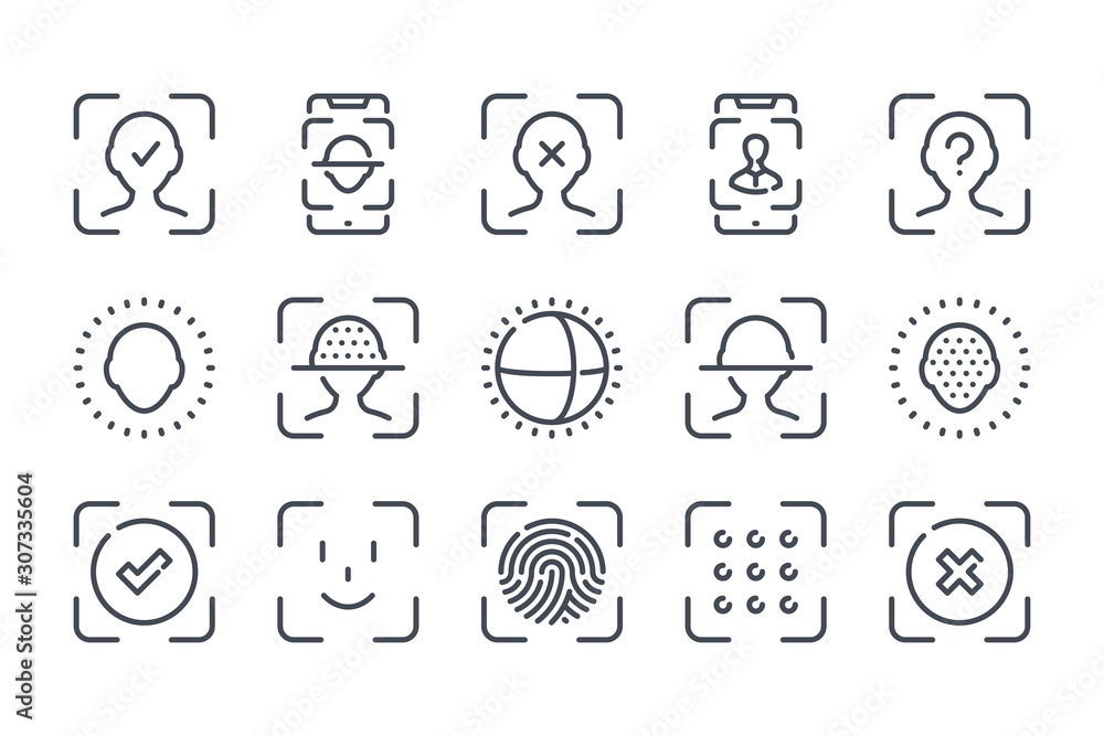 Poster face identification and recognition related line icon set. technology scan access protection linear 