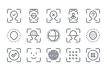 Face identification and recognition related line icon set. Technology scan access protection linear icons. Biometric authentication outline vector sign collection.