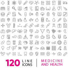 Set of 120 vector line icons and symbols in flat design medicine and health with elements for mobile concepts and web apps. Collection of modern medical and health life infographic logo and pictogram.