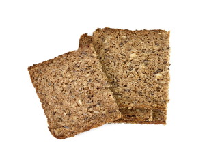 Slices of wholemeal dark bread isolated on a white background in close-up (high details)