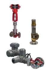 three modern shut-off valves with automatic control for gas pipeline isolated on a white background. Transverse section