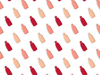 Seamless pattern of  multi-colored contour bottles drawn with one line for shampoos, liquid soap, balms, bath foam, creams, etc on a white background. Vector.