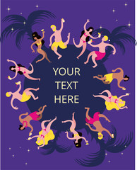 Poster, banner or flyer template about beach party. Cheerful characters dance in beach clothes with drinks in their hands against the background of the night sky and palm trees.