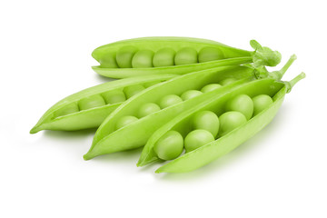 Closeup top view fresh green peas isolated on white background, healthy food concept