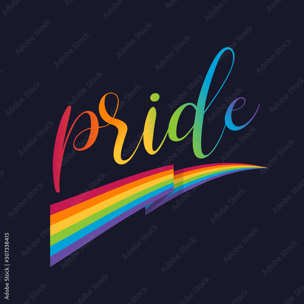 Poster pride gradient typography text and rainbow flag on dark background vector design