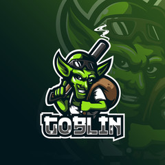 goblin mascot logo design vector with modern illustration concept style for badge, emblem and tshirt printing. smart goblin illustration with guns in hand.