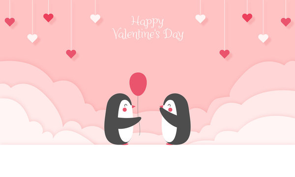 Happy Valentine's Day - Geschenkkarte, Süßer Pinguin schenkt anderem Pinguin einen Luftballon. Hintergrund in Papierschnitt, Wolken und Herzen hängen von der Decke Banner