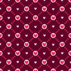 Valentine Day abstract seamless pattern - cartoon red and pink hearts on white, polka dot, geometric shapes, vector romantic background, texture for wrapping, textile, scrapbook