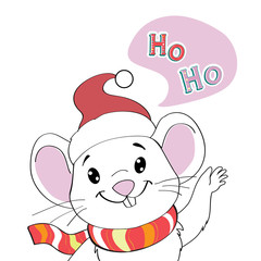 Cute rat mouse in a Christmas hat and the inscription Ho Ho. New Year and christmas card symbol of 2020