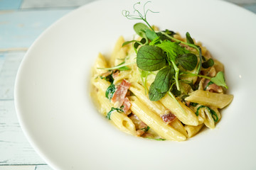 Pasta dish on a restaurant table