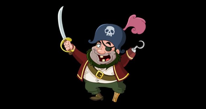 Animation of a happy cartoon pirate with a sword peg leg and hook hand. Including alpha channel.