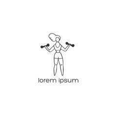 In the gym. Vector hand drawn logo template, a woman with dumbbells. Sports, active way of life.