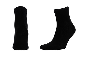 Blank black cotton medium socks on invisible foot isolated on white background as mock up for advertising, branding, design, back and side view, template.