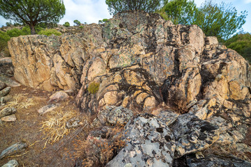 Rocas de granito en el cerro Alcornocoso. Cadalso de los Vidrios. Madrid. España. Europa.