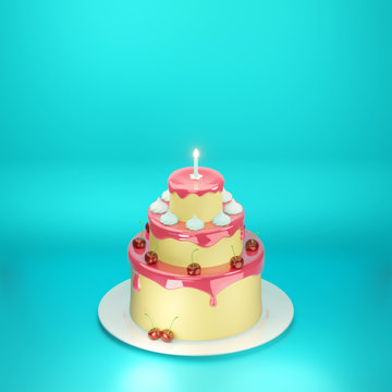 Stylized 3D illustration. Template for greetings with cute yellow cartoon cake with pink frosting and candle on the blue background.