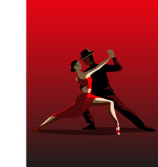 Beautiful couple dancing tango. A woman in a red dress and a man in a black suit and hat. Illustration in red and black color. - obrazy, fototapety, plakaty