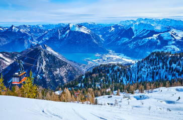 The red tram of Feuerkogel cable car, Ebensee, Salzkammergut, Austria