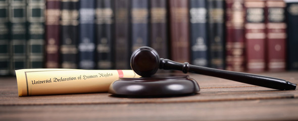 Judge Gavel, Universal declaration of human rights on a wooden background, human rights concept.