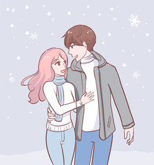 couple in love woman and man cuddling walking outside in winter snow fall romantic cute vector character illustration for valentines and christmas