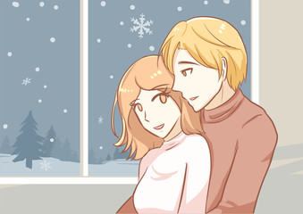 couple in love woman and man cuddling inside beside window show winter snow fall romantic scene outside cute vector character illustration for valentines and christmas