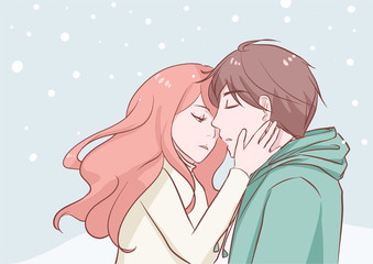 couple in love woman and man kissing outside in winter snow fall romantic cute vector character illustration for valentine and christmas.